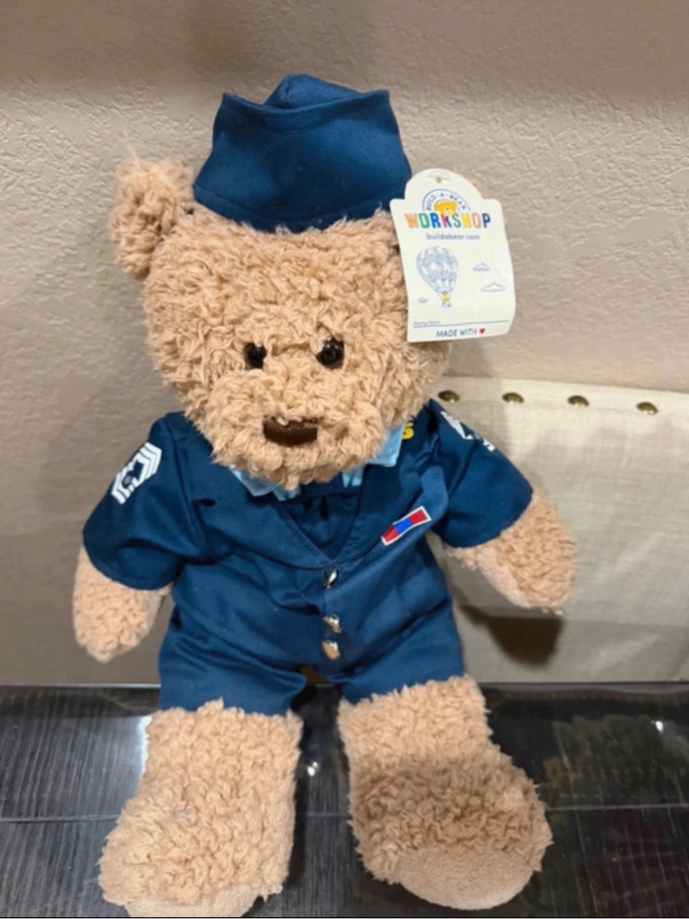 Build-A-Bear Tan Teddy Bear in Blue Pilot Uniform